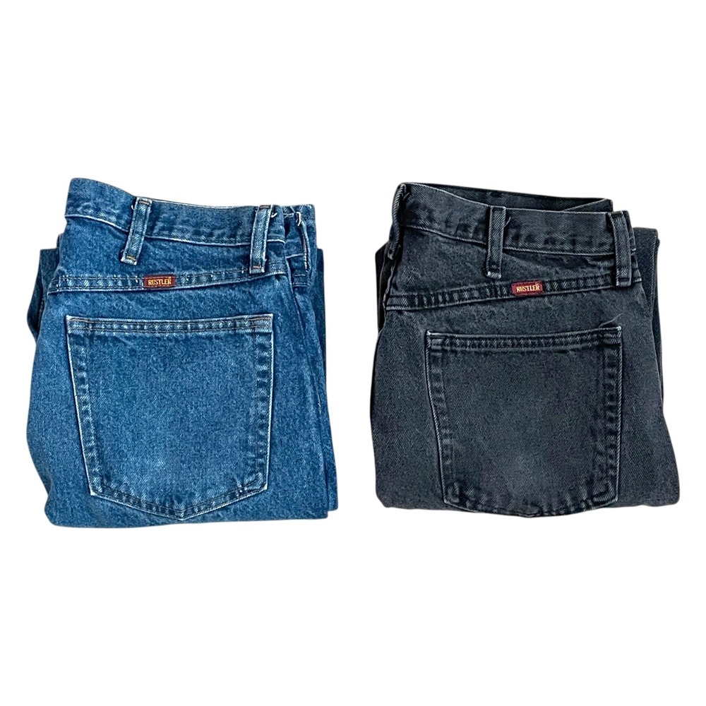 Lot of 2 Men's Rustler Jeans 34x30 Blue & Black Denim Regular Straight CLEAN!